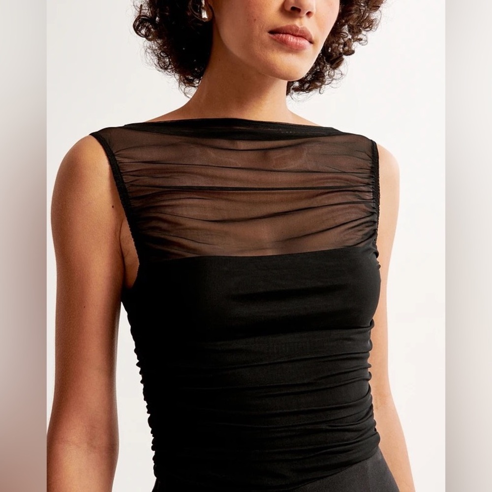 Abercrombie & Fitch Ruched Sheer Mesh Top Sleeveless Black Size S